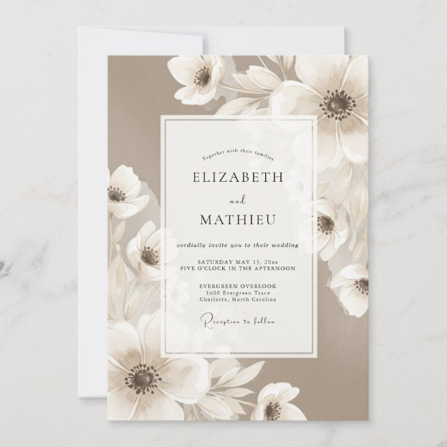 Invitation Mariage Floral Éthéré Taupe (Devant)