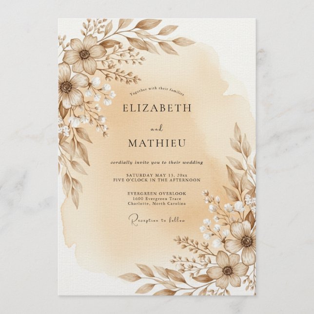 Invitation Mariage Floral Éthéré Taupe (Devant)