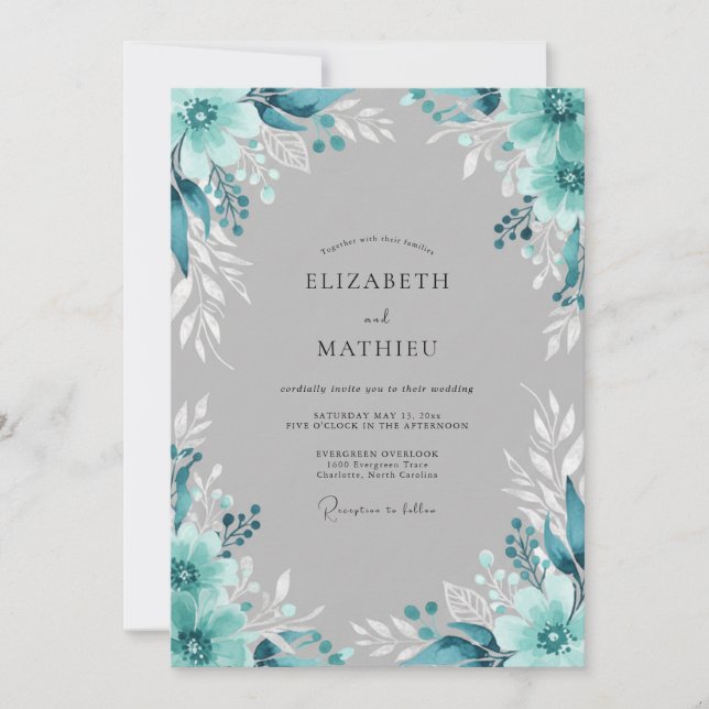 Invitation Mariage Floral Éthéré Turquoise (Devant)