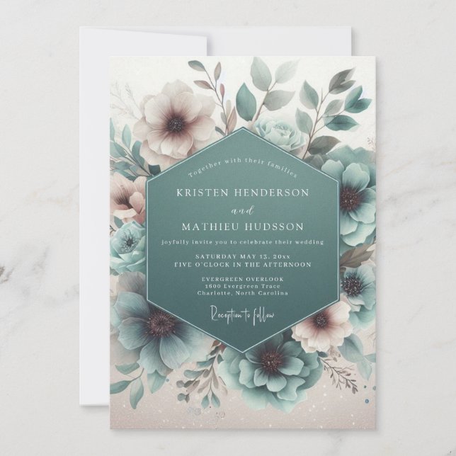 Invitation Mariage Floral Éthéré Turquoise (Devant)