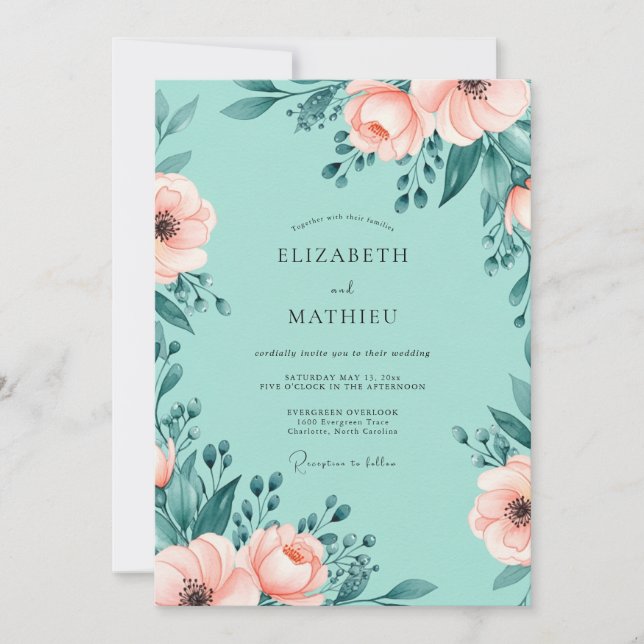 Invitation Mariage Floral Ethéré Vert Menthe (Devant)
