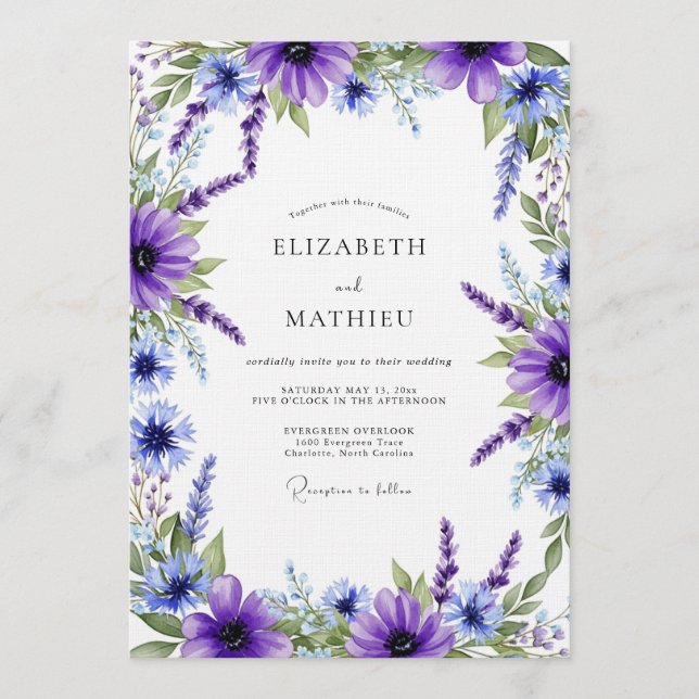 Invitation Mariage Floral Éthéré Violet (Devant)
