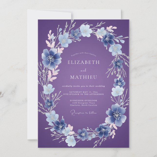 Invitation Mariage Floral Éthéré Violet Pervenche (Devant)