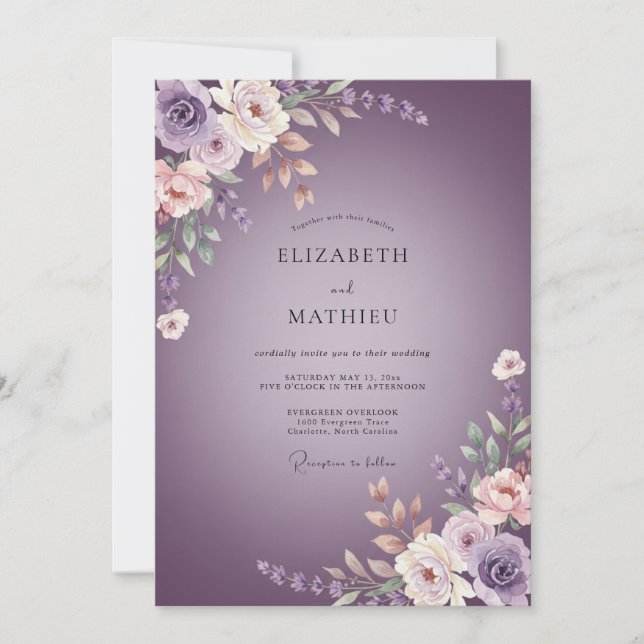 Invitation Mariage Floral Éthéré Violet Poussiéreux (Devant)
