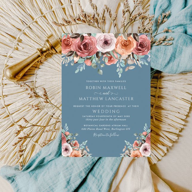 Invitation Mariage floral Ethereal Dusty Blue et Blush Peach (Créateur téléchargé)