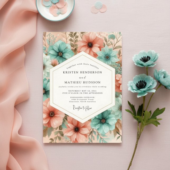 Invitation Mariage Floral Ethéréal Teal Peach (Créateur téléchargé)