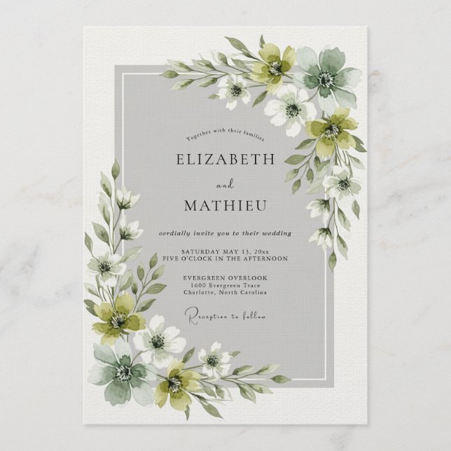 Invitation Mariage Floral Ethéréal Vert Olive (Devant)