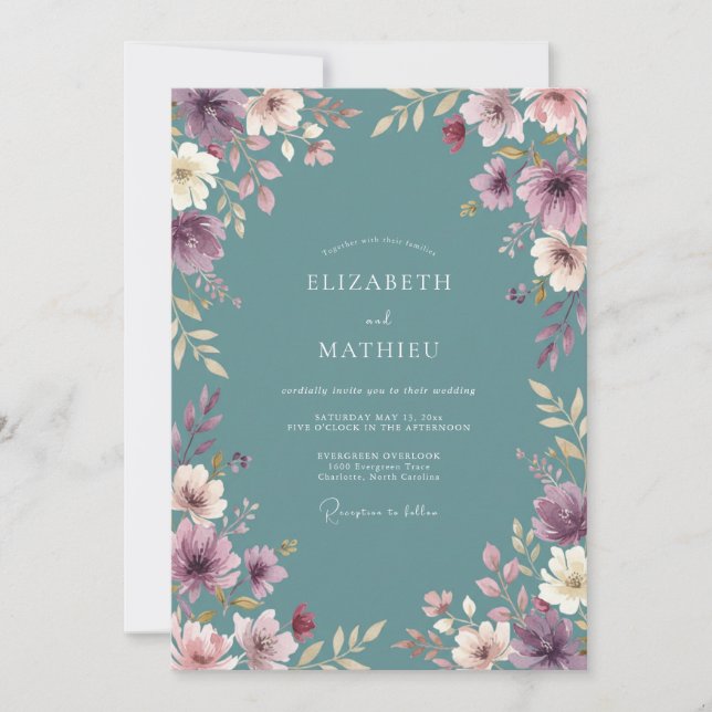 Invitation Mariage Floral Ethéréen Bleu Vert Poussiéreux (Devant)