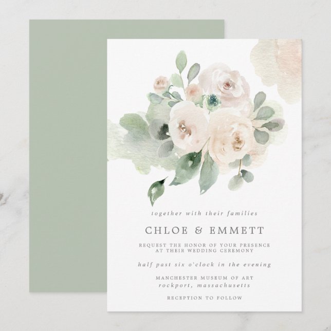 Invitation Mariage floral Eucalyptus Rose blanche (Devant / Derrière)