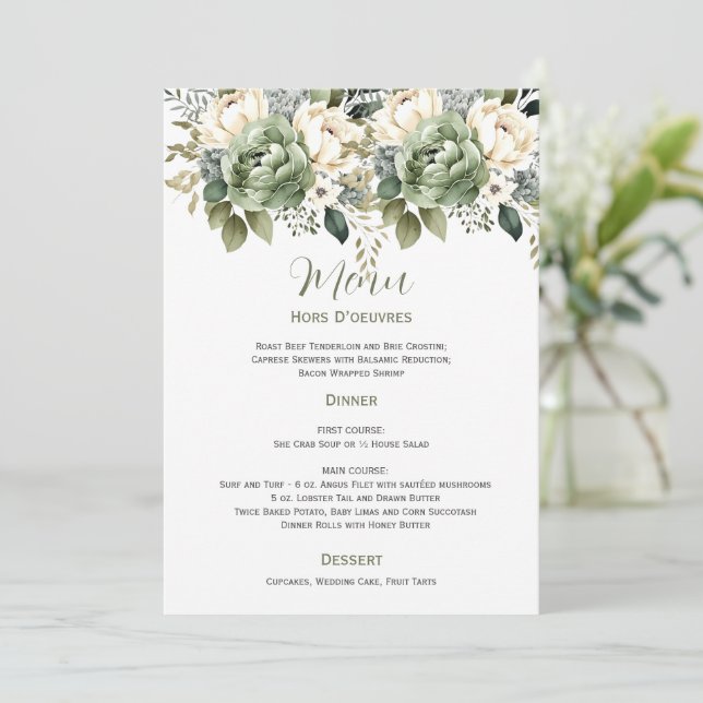 Invitation Mariage Floral Eucalyptus Vert Sauge | Menu (Debout devant)