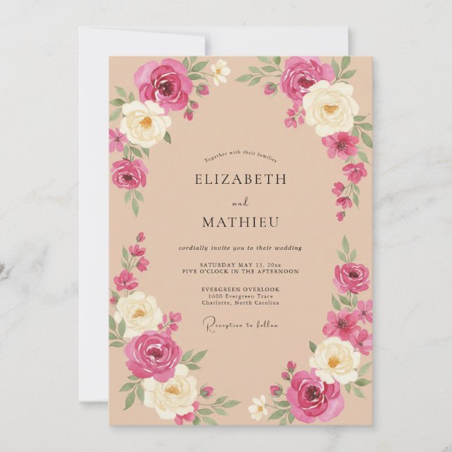 Invitation Mariage Floral Exquis aux Pêches (Devant)