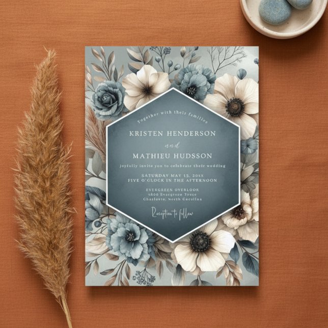 Invitation Mariage Floral Fantaisie Bleu Ardoise (Créateur téléchargé)