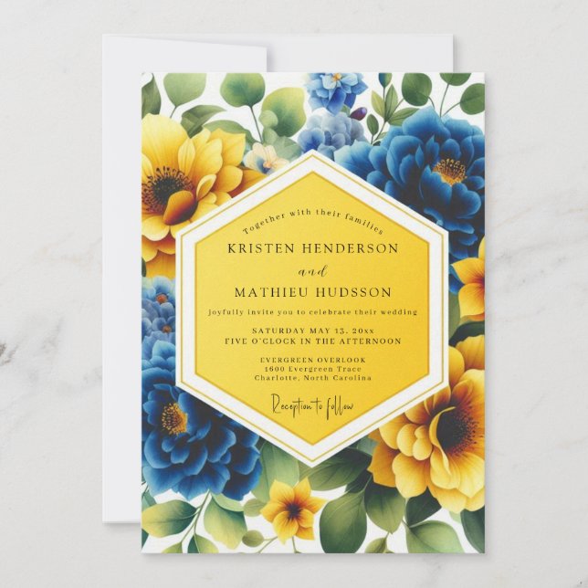 Invitation Mariage Floral Fantaisie Bleu Jaune (Devant)