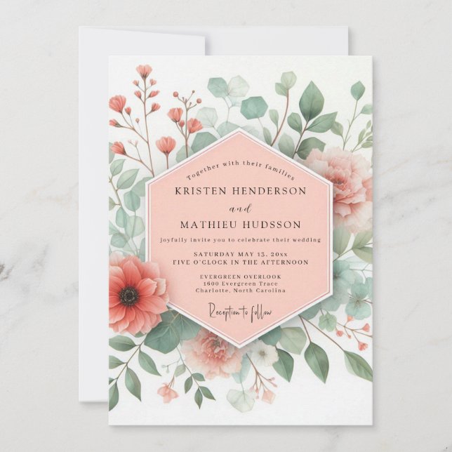 Invitation Mariage Floral Fantaisie Corail Rosé (Devant)