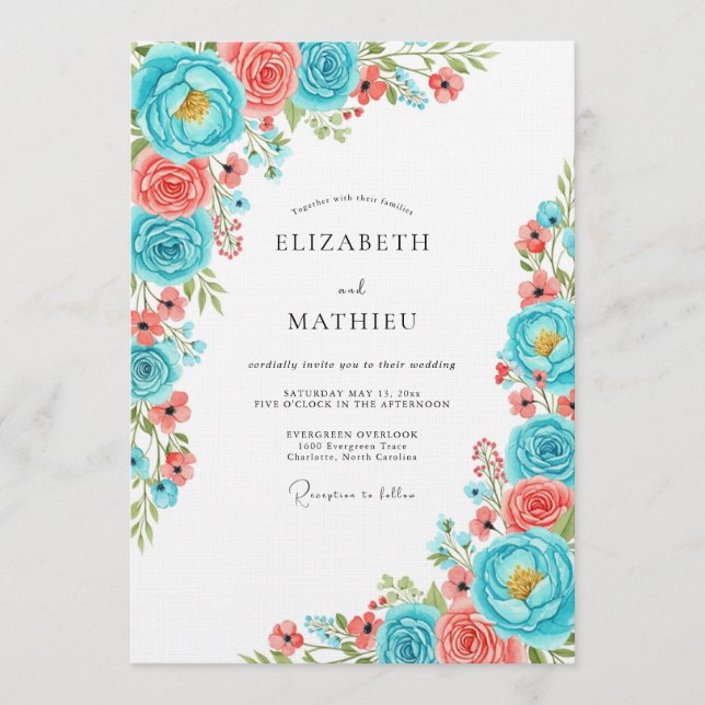 Invitation Mariage Floral Fantaisie Corail Sarcelle (Devant)
