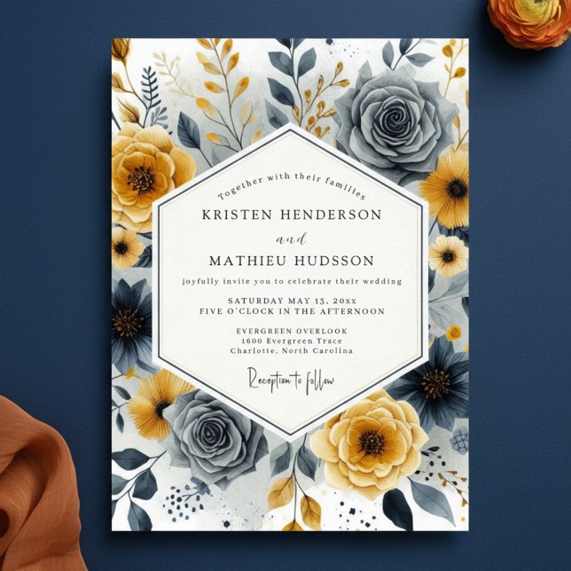 Invitation Mariage Floral Fantaisie Gris Ocre (Créateur téléchargé)
