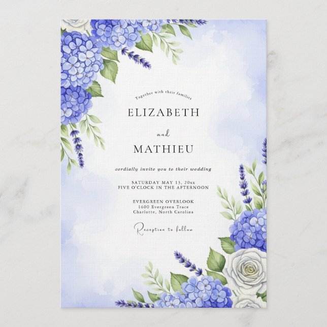 Invitation Mariage Floral Fantaisie Hydrangea Bleu (Devant)