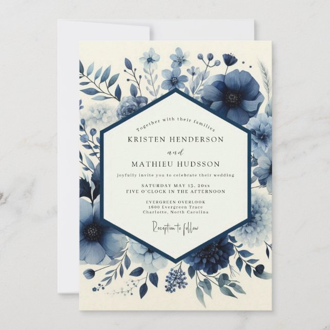 Invitation Mariage Floral Fantaisie Indigo (Devant)