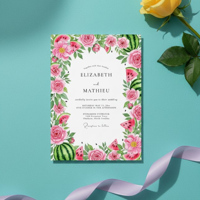 Invitation Mariage Floral Fantaisie Pastèque Rose (Créateur téléchargé)