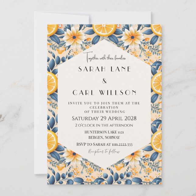Invitation Mariage Floral Fantaisie Rose et Citron (Devant)