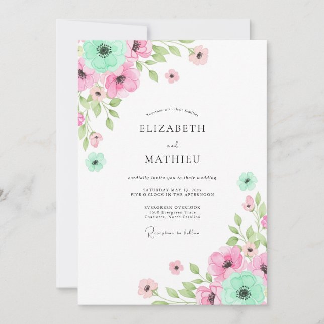 Invitation Mariage Floral Fantaisie Rose Menthe (Devant)