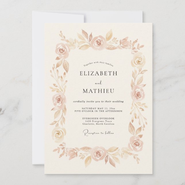 Invitation Mariage Floral Fantaisie Rose Pêche (Devant)