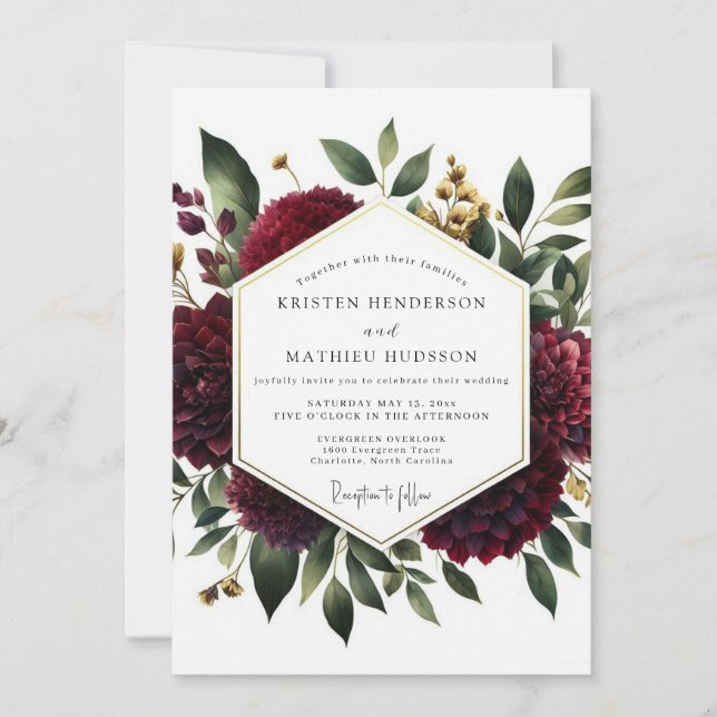 Invitation Mariage Floral Fantaisie Rouge Profond (Devant)