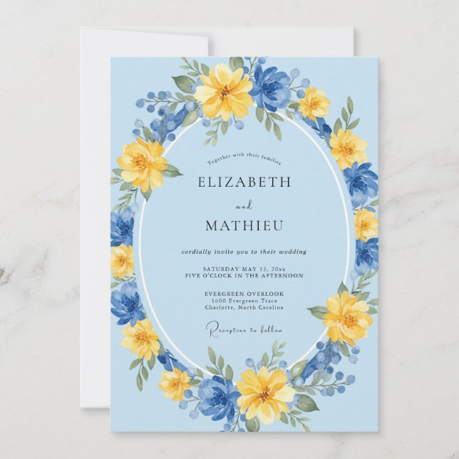Invitation Mariage Floral Fantaisiste Bleu Ciel (Devant)