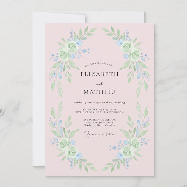 Invitation Mariage Floral Fantaisiste Bleu Clair (Devant)