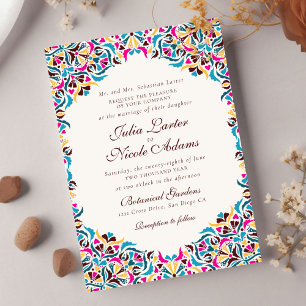 Invitation Mariage floral fantaisiste bleu magenta jaune