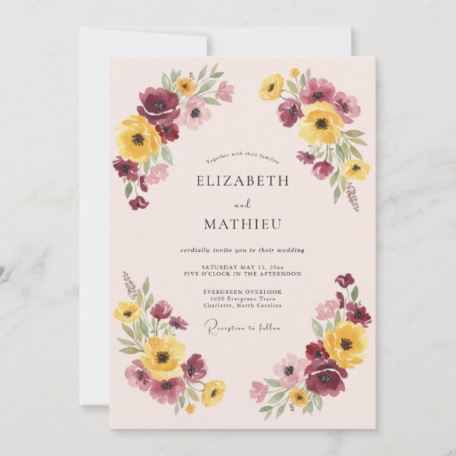 Invitation Mariage Floral Fantaisiste Bourguignon (Devant)