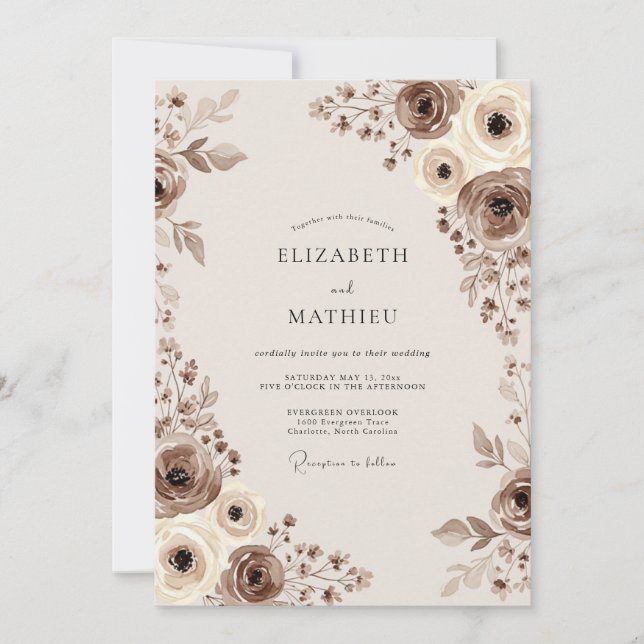 Invitation Mariage Floral Fantaisiste Brun (Devant)