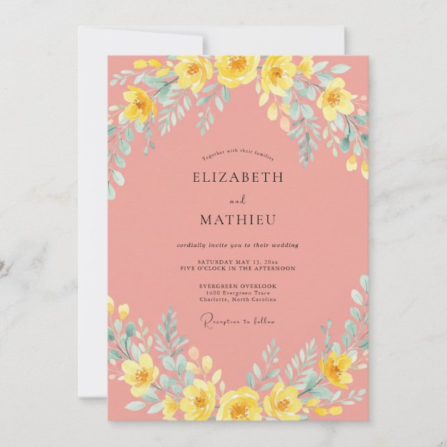 Invitation Mariage Floral Fantaisiste Corail (Devant)
