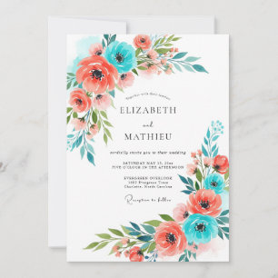 Invitation Mariage Floral Fantaisiste Corail et Sarcelle