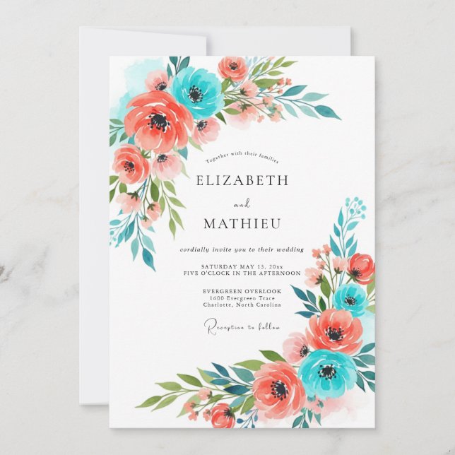 Invitation Mariage Floral Fantaisiste Corail et Sarcelle (Devant)