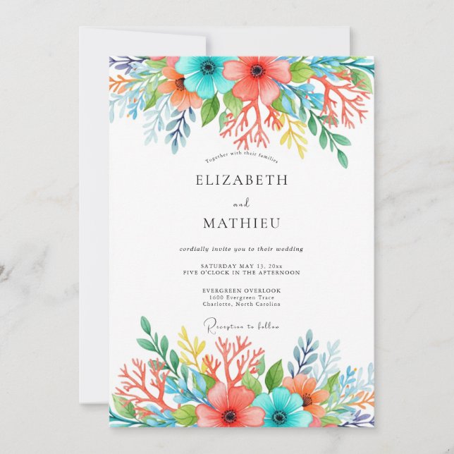 Invitation Mariage Floral Fantaisiste Corail Sarcelle (Devant)