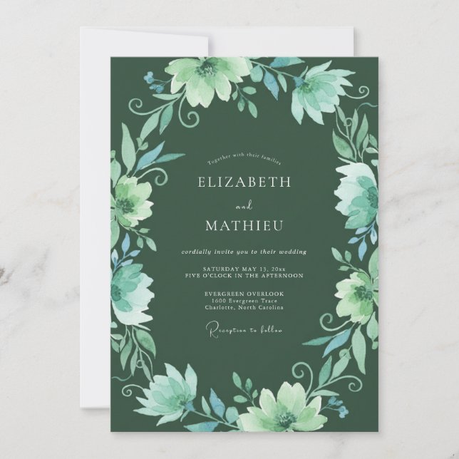 Invitation Mariage Floral Fantaisiste Émeraude (Devant)