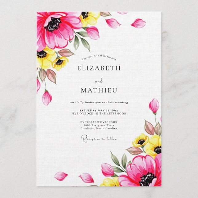 Invitation Mariage Floral Fantaisiste Fuchsia (Devant)