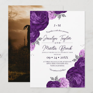 Invitation Mariage Floral Fantaisiste Moderne Violet et Blanc