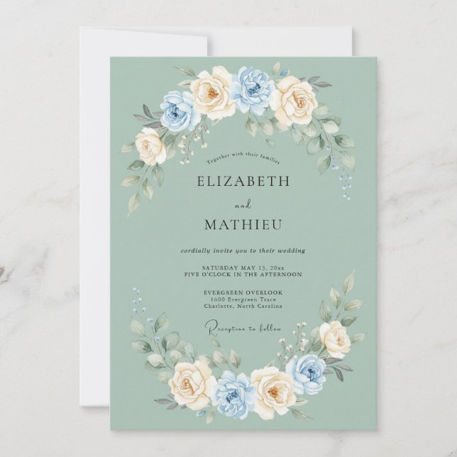Invitation Mariage Floral Fantaisiste Vert Sauge (Devant)