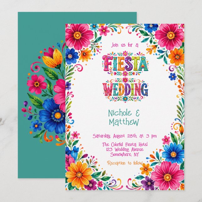 Invitation Mariage Floral Fête Mexicaine Coloré (Devant / Derrière)