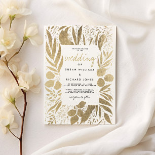Invitation Mariage floral feuillage doré blanc sophistiqué