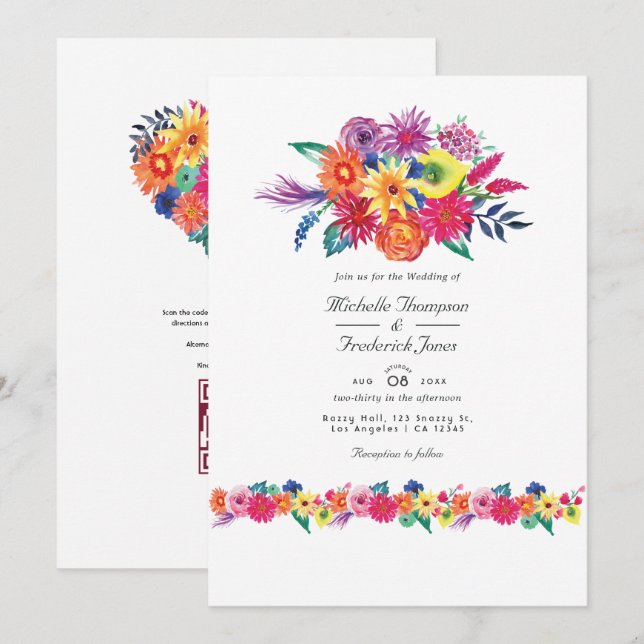 Invitation Mariage Floral Fiesta RSVP Code QR (Devant / Derrière)