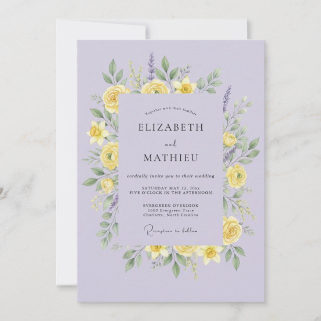 Invitation Mariage Floral Fleur Jaune Lilas (Devant)