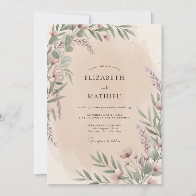 Invitation Mariage Floral Fleur Mauve (Devant)