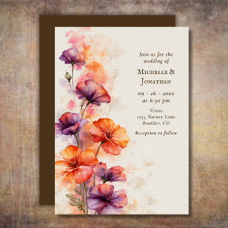 Invitation Mariage Floral Fleur Sauvage Aquarelle Orange Viol