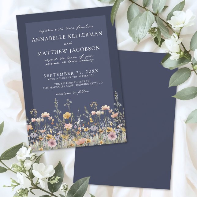 Invitation Mariage Floral Fleur Sauvage Bleu Marine (Navy Blue Wildflower Floral Wedding Invitation)