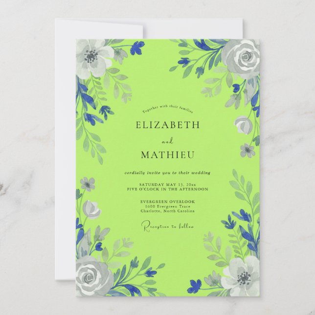 Invitation Mariage Floral Fleur Verte Citron (Devant)