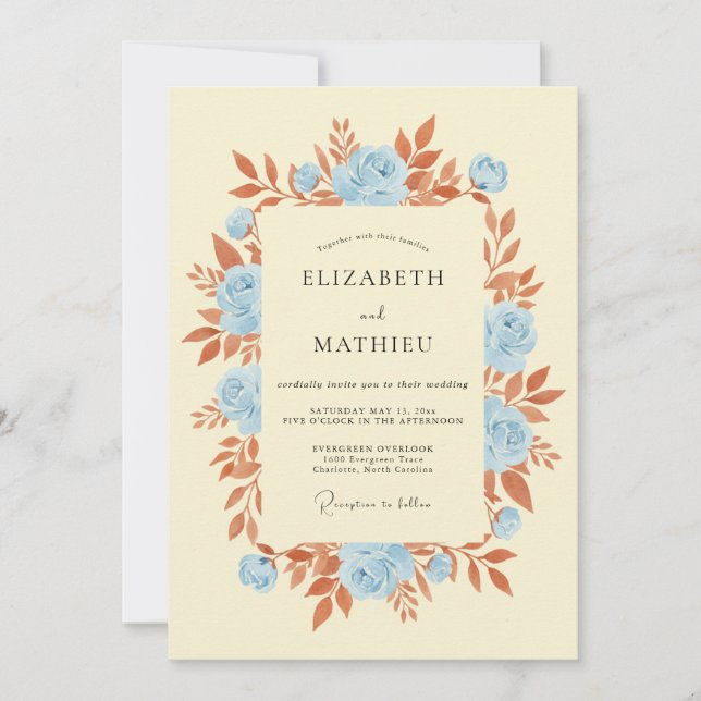 Invitation Mariage Floral Fleurissant Bleu Ciel (Devant)