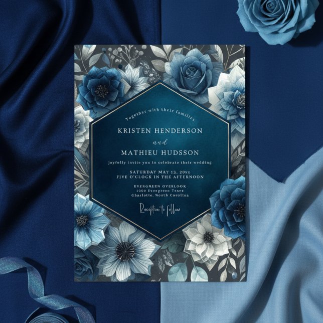 Invitation Mariage Floral Fleurissant Bleu de Minuit (Créateur téléchargé)